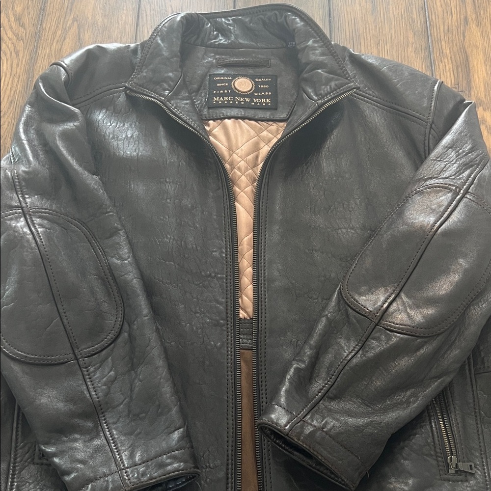 Marc New York Men’s Dark Leather Coat Classic Moto Jacket